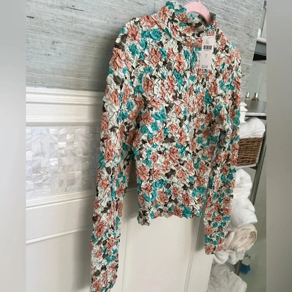 NWT new Anthropologie Dolan printed pebble smocked floral turtleneck large peach - Picture 6 of 16